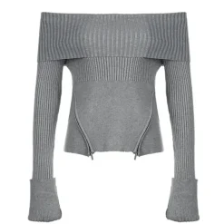 Sweaters|Long Sleeve Tops*Boogzel Clothing Grunge Off Shoulder Knit Sweater Grey