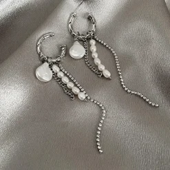 Earrings*Boogzel Clothing Grunge Pearl Chain Tassel Earrings Silver