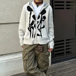Hoodies*Boogzel Clothing Grunge Rose Knit Hoodie Grey