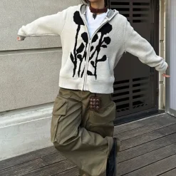 Hoodies*Boogzel Clothing Grunge Rose Knit Hoodie Grey