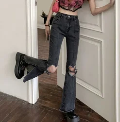 Jeans*Boogzel Clothing Heart Cut Out Grunge Flare Jeans Grey
