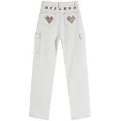 Jeans*Boogzel Clothing Heart Embroidery Cargo Jeans White