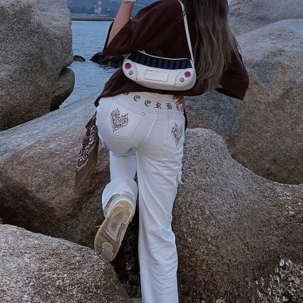 Jeans*Boogzel Clothing Heart Embroidery Cargo Jeans White