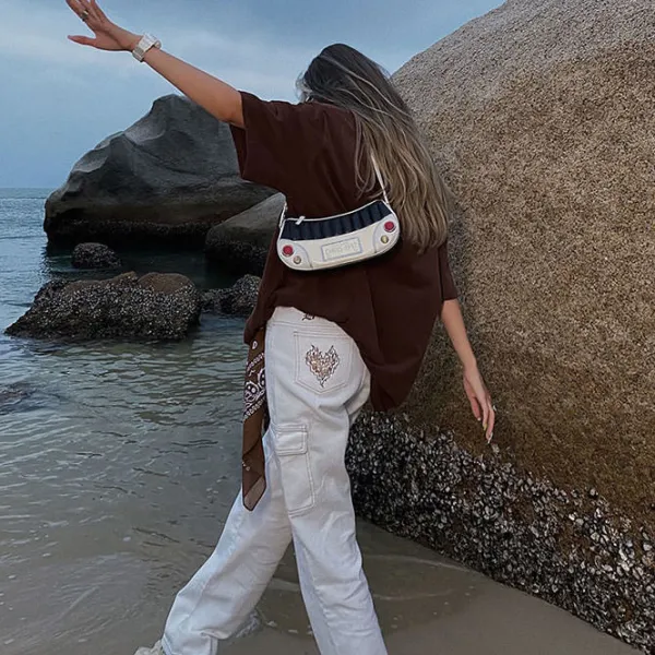 Jeans*Boogzel Clothing Heart Embroidery Cargo Jeans White