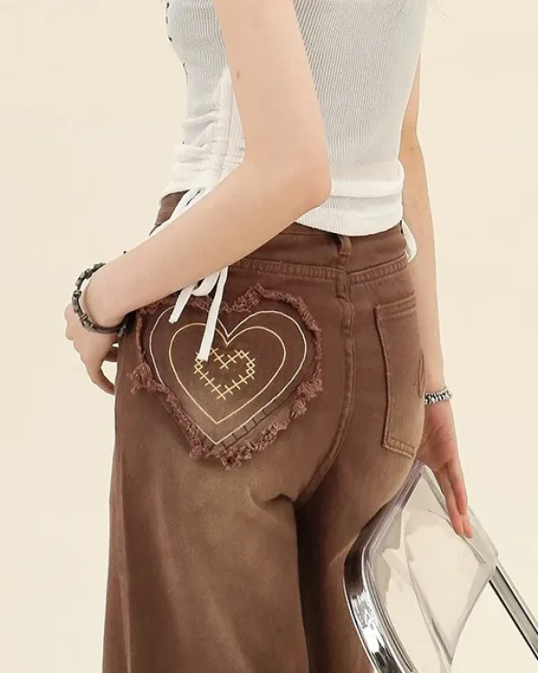 Jeans*Boogzel Clothing Heart Pocket Jeans Brown