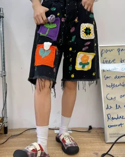 Shorts*Boogzel Clothing Indie Aesthetic Crochet Flower Denim Shorts