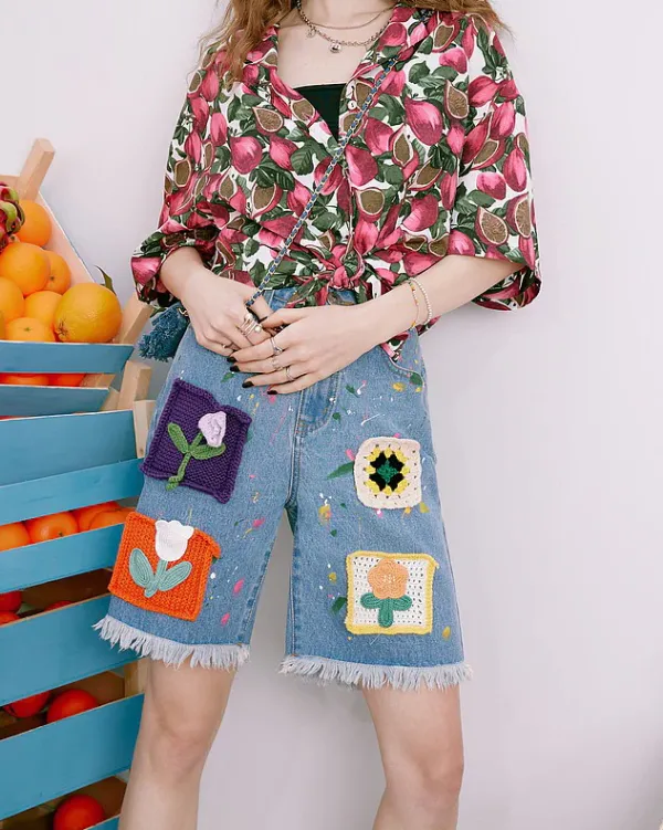 Shorts*Boogzel Clothing Indie Aesthetic Crochet Flower Denim Shorts