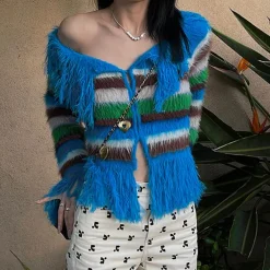 Striped Sweaters|Sweaters*Boogzel Clothing Indie Aesthetic Striped Fringe Top Blue/green