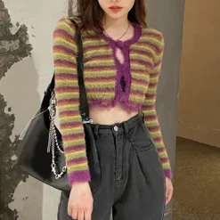 Striped Sweaters|Knit Cardigans*Boogzel Clothing Indie Kid Fuzzy Cardigan Green/purple