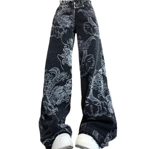 Jeans*Boogzel Clothing Japanese Dragon Aesthetic Jeans Black