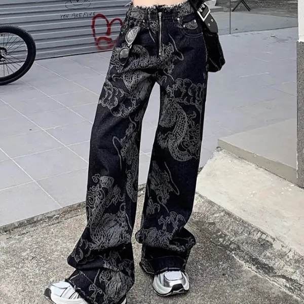 Jeans*Boogzel Clothing Japanese Dragon Aesthetic Jeans Black