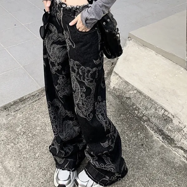Jeans*Boogzel Clothing Japanese Dragon Aesthetic Jeans Black