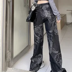 Jeans*Boogzel Clothing Japanese Dragon Aesthetic Jeans Black
