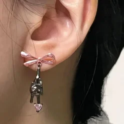 Earrings*Boogzel Clothing Kitten & Bow Earrings Silver/pink