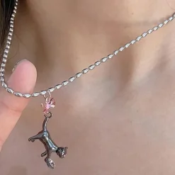 Necklaces & Chokers*Boogzel Clothing Kitten & Bow Necklace Silver/pink