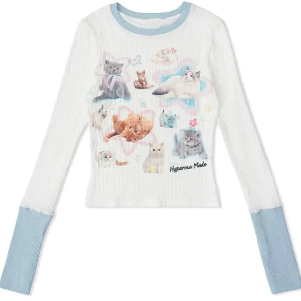 Long Sleeve Tops*Boogzel Clothing Kitty Long Sleeve Top White/blue