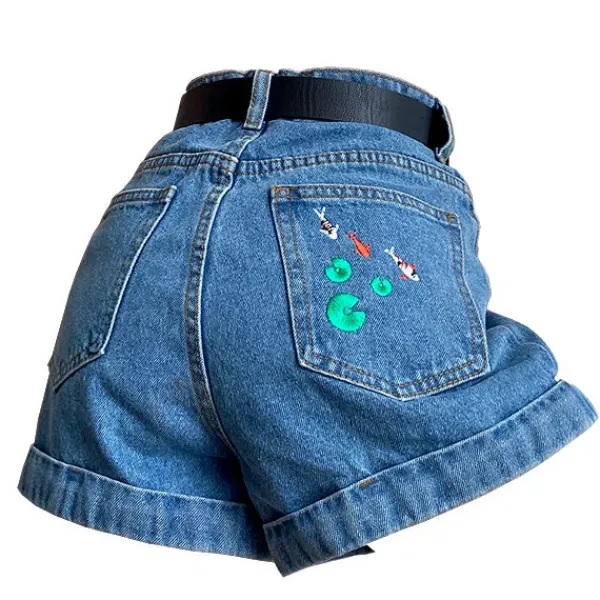 Shorts*Boogzel Clothing Koi Fish Embroidered Shorts Blue