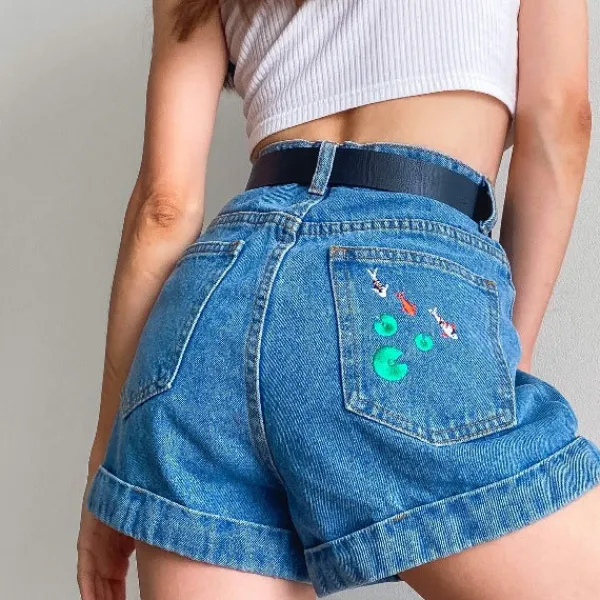 Shorts*Boogzel Clothing Koi Fish Embroidered Shorts Blue