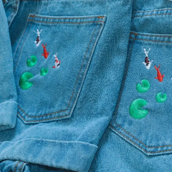 Shorts*Boogzel Clothing Koi Fish Embroidered Shorts Blue