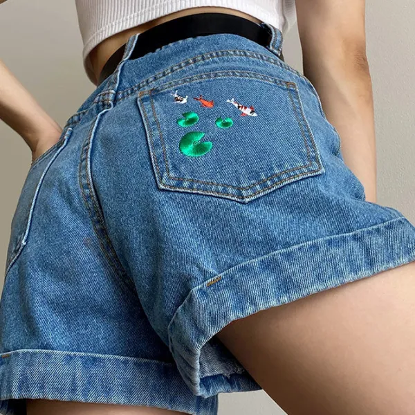 Shorts*Boogzel Clothing Koi Fish Embroidered Shorts Blue