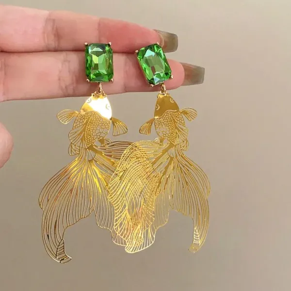 Earrings*Boogzel Clothing Koi Fish Green Stone Earrings Gold