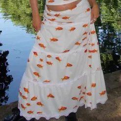 Skirts*Boogzel Clothing Koi Fish Maxi Skirt White/orange