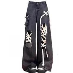 Jeans*Boogzel Clothing Lace Detail Wide-Leg Jeans Black