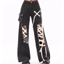 Jeans*Boogzel Clothing Lace Detail Wide-Leg Jeans Black