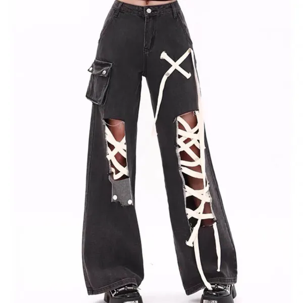 Jeans*Boogzel Clothing Lace Detail Wide-Leg Jeans Black