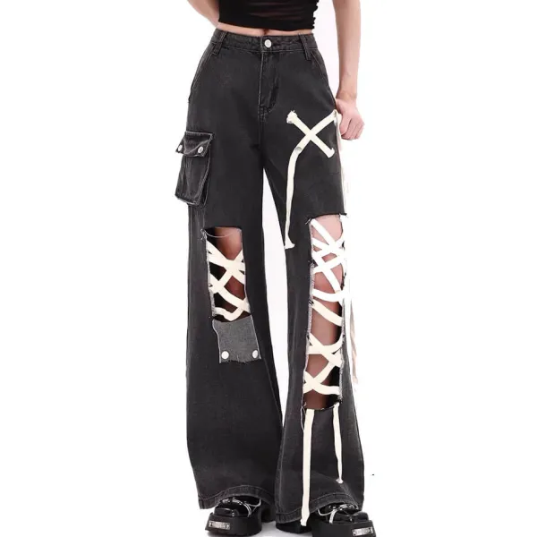 Jeans*Boogzel Clothing Lace Detail Wide-Leg Jeans Black