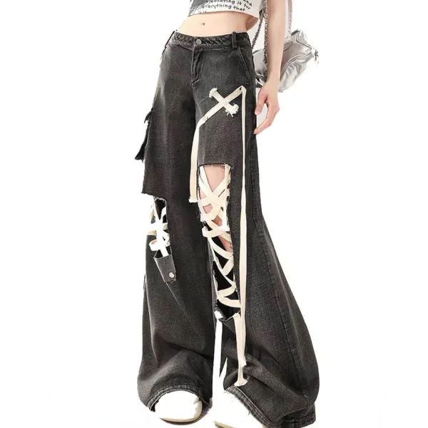 Jeans*Boogzel Clothing Lace Detail Wide-Leg Jeans Black