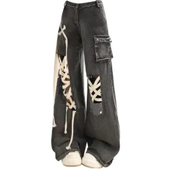 Jeans*Boogzel Clothing Lace Detail Wide-Leg Jeans Black