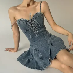 Dresses & Rompers*Boogzel Clothing Lace Up Denim Dress Blue