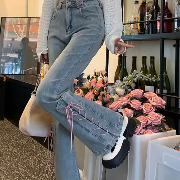 Jeans*Boogzel Clothing Lace Up Flared Jeans Blue