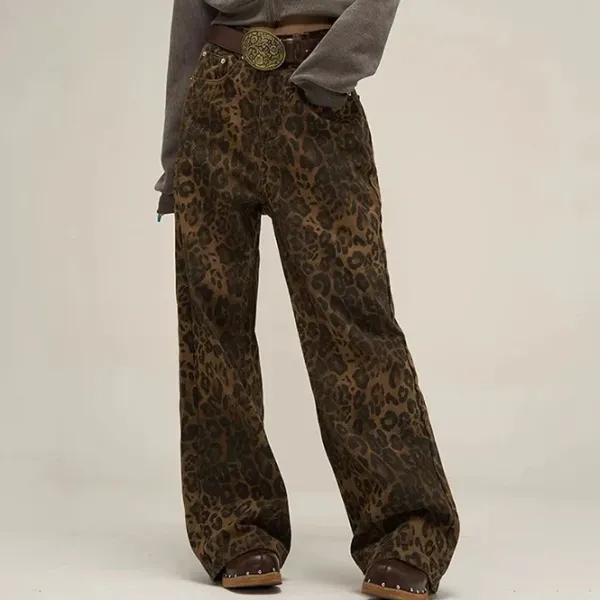 Jeans*Boogzel Clothing Leopard Wide Leg Jeans Brown