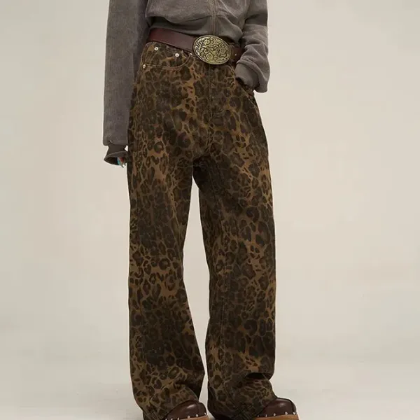 Jeans*Boogzel Clothing Leopard Wide Leg Jeans Brown