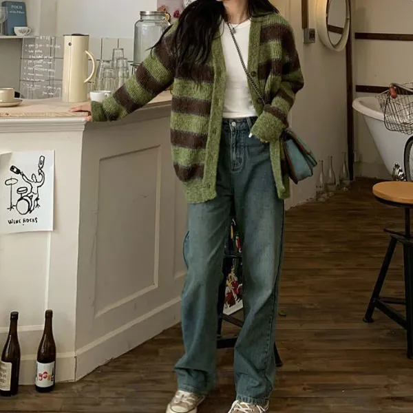 Striped Sweaters|Knit Cardigans*Boogzel Clothing Local Coffee Shop Striped Cardigan Green/brown