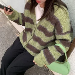Striped Sweaters|Knit Cardigans*Boogzel Clothing Local Coffee Shop Striped Cardigan Green/brown