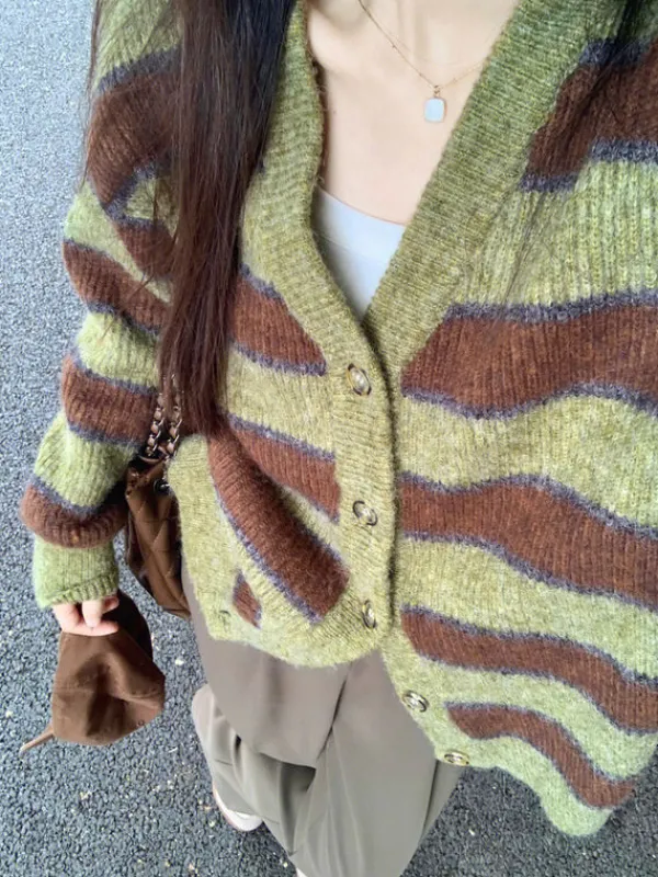 Striped Sweaters|Knit Cardigans*Boogzel Clothing Local Coffee Shop Striped Cardigan Green/brown