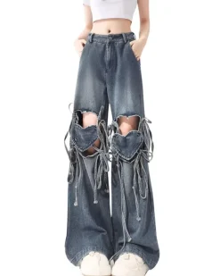 Pants & Trousers*Boogzel Clothing Love Knot Knee-Heart Denim Pants Blue