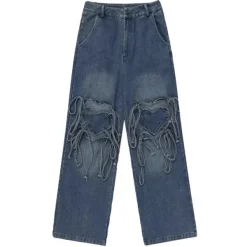 Pants & Trousers*Boogzel Clothing Love Knot Knee-Heart Denim Pants Blue