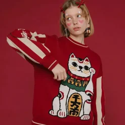 Sweaters*Boogzel Clothing Maneki Neko Sweater Red