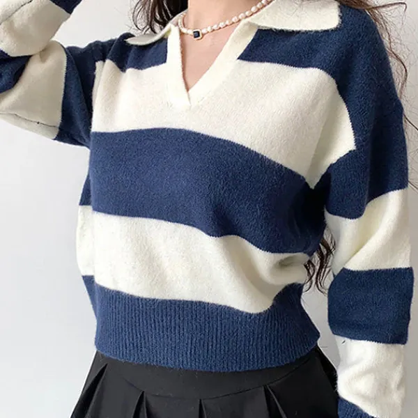 Striped Sweaters|Sweaters*Boogzel Clothing Old Money Striped Pullover Blue/white