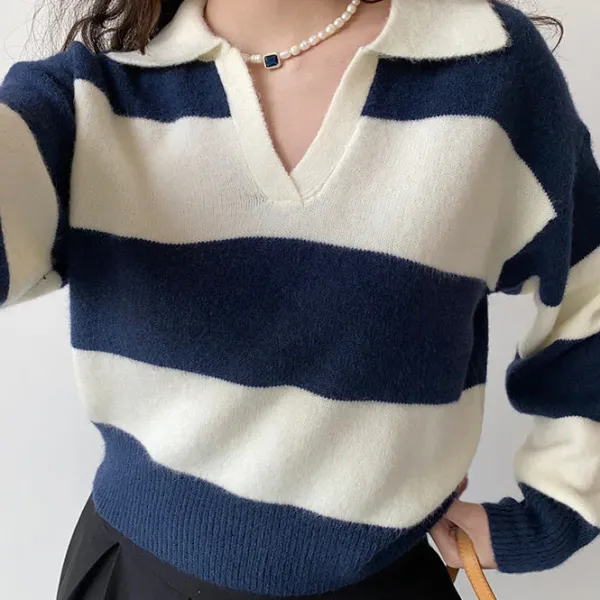 Striped Sweaters|Sweaters*Boogzel Clothing Old Money Striped Pullover Blue/white