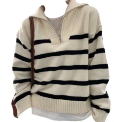 Striped Sweaters|Sweaters*Boogzel Clothing Old Money Zip Up Striped Sweater Beige