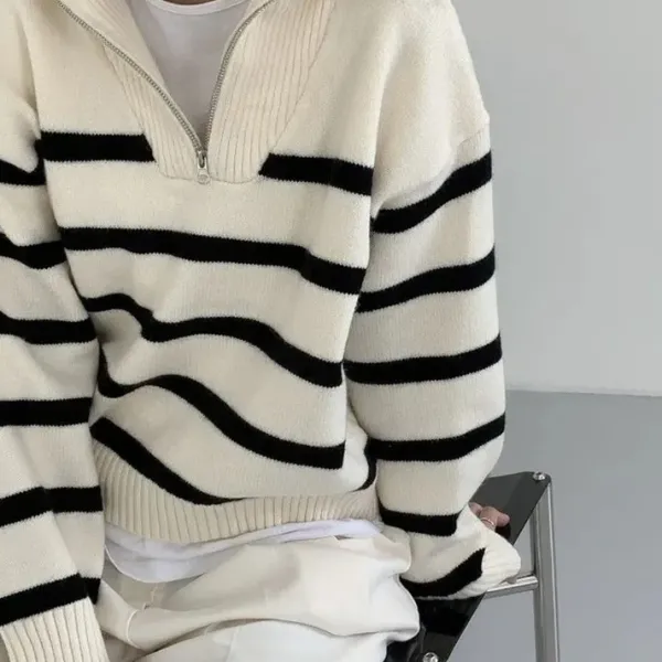 Striped Sweaters|Sweaters*Boogzel Clothing Old Money Zip Up Striped Sweater Beige