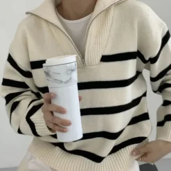 Striped Sweaters|Sweaters*Boogzel Clothing Old Money Zip Up Striped Sweater Beige