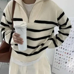 Striped Sweaters|Sweaters*Boogzel Clothing Old Money Zip Up Striped Sweater Beige