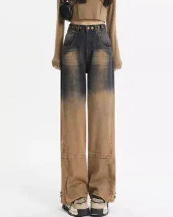 Jeans*Boogzel Clothing One Way Ticket Brown Aesthetic Jeans Brown/grey