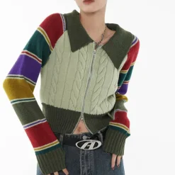 Striped Sweaters|Knit Cardigans*Boogzel Clothing One Way Ticket Zip Up Cardigan Green